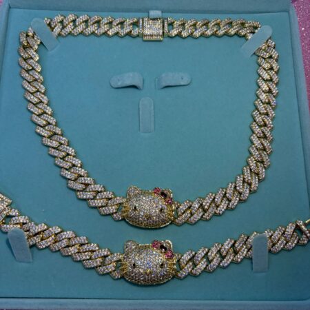 Conjunto collar y pulsera Kitty laminado en oro 14k